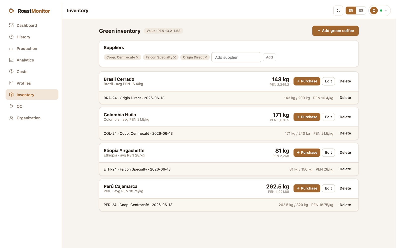 Green coffee inventory with lots, suppliers and on-hand value